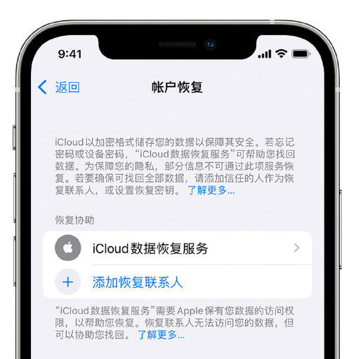 宁远苹果手机维修分享在 iPhone 上设置帐户恢复联系人的方法 