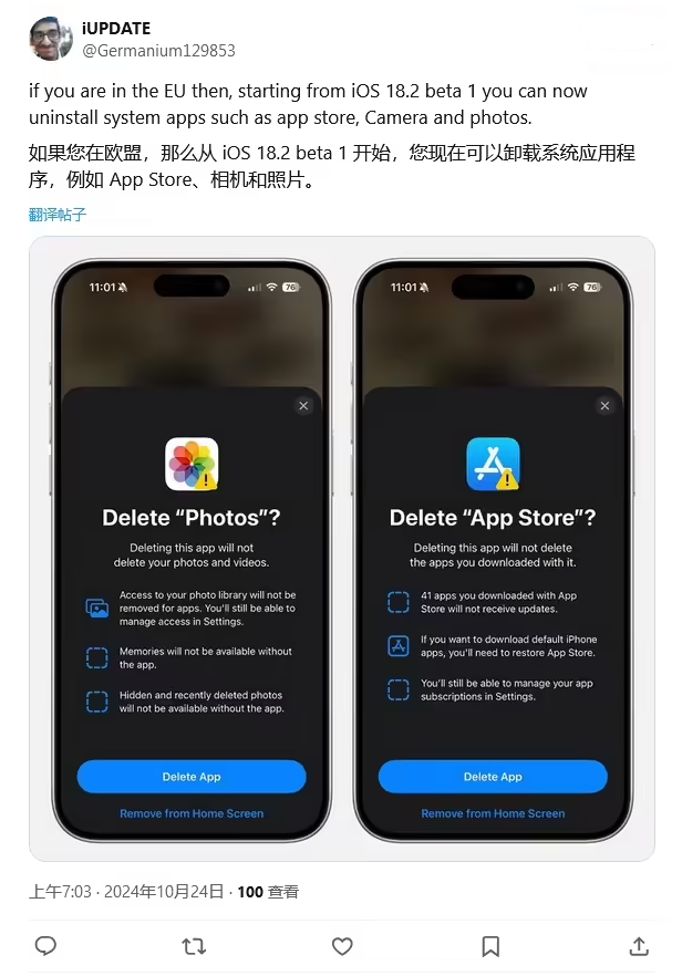 宁远苹果手机维修分享iOS 18.2 支持删除 App Store 应用商店 